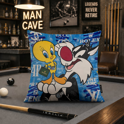 Sylvester & Tweety Luxury Friendship Pop Art Cushion | Premium Velvet Suede | Double-Sided Print