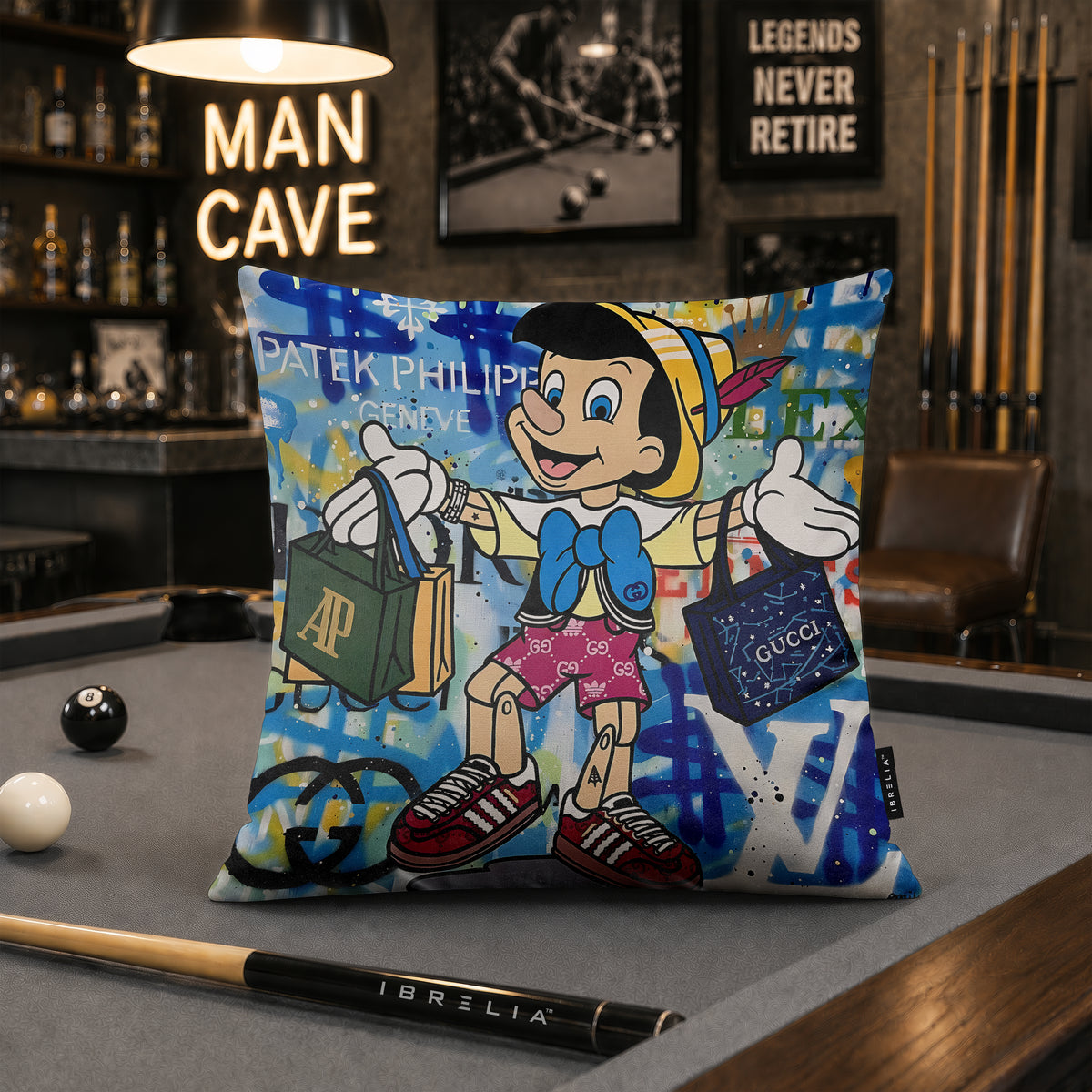 Pinocchio Luxury Shopping Pop Art Cushion | Premium Velvet Suede | Double-Sided Print
