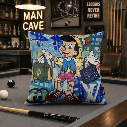 Pinocchio Luxury Shopping Pop Art Cushion | Premium Velvet Suede | Double-Sided Print