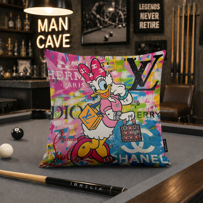 Daisy Duck Pink Bow Luxury Shopping Pop Art Cushion | Premium Velvet Suede | Double-Sided Print