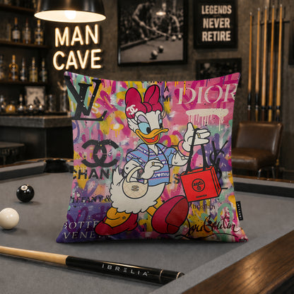 Daisy Duck Luxury Shopping Pop Art Cushion | Premium Velvet Suede | Double-Sided Print