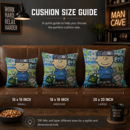 Charlie Brown Luxury Shopping Pop Art Cushion | Premium Velvet Suede | Double-Sided Print