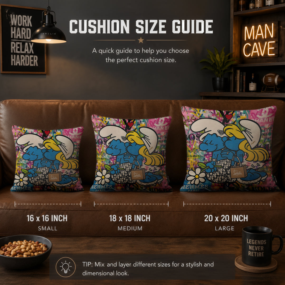 Smurf & Smurfette Luxury Love Pop Art Cushion | Premium Velvet Suede | Double-Sided Print