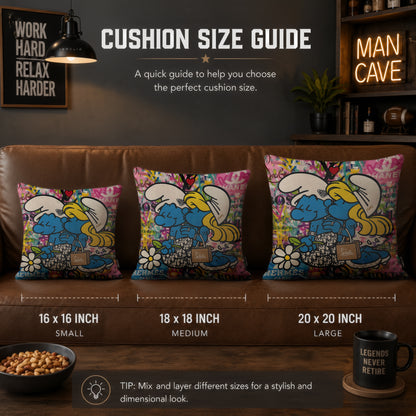 Smurf & Smurfette Luxury Love Pop Art Cushion | Premium Velvet Suede | Double-Sided Print