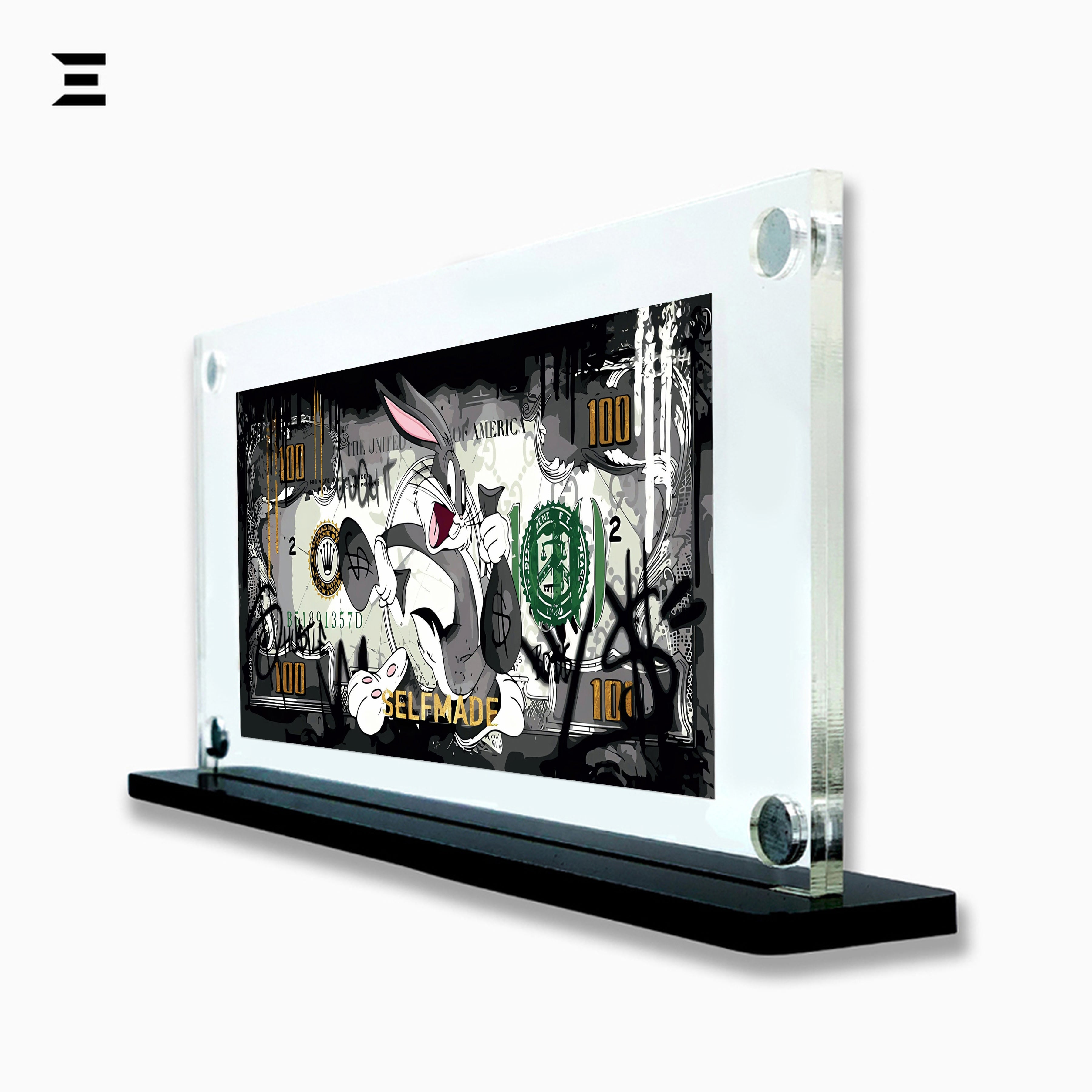 Premium Magnetic Acrylic Frame with Black Base – Bugs Bunny “Selfmade” $100 Pop Art IBRELIA