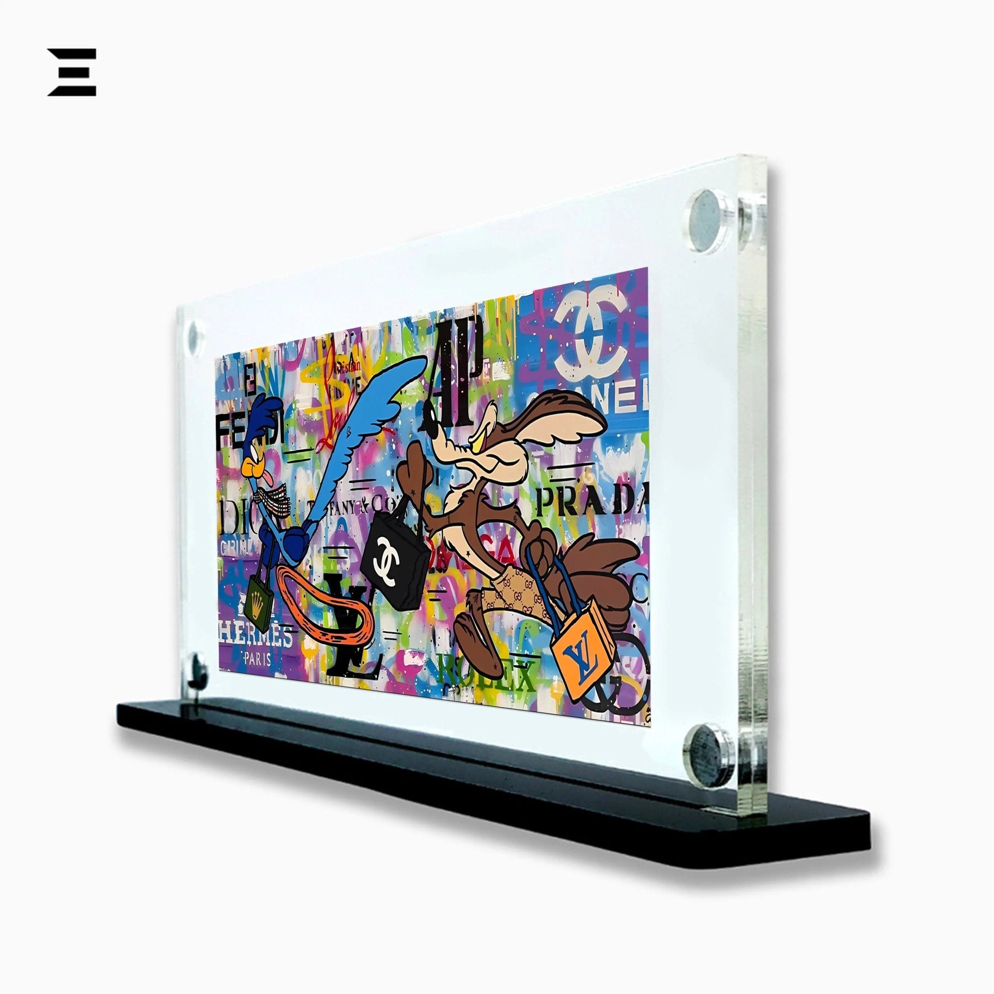 Premium Magnetic Acrylic Frame with Black Base – Road Runner & Wile E. Coyote Luxury Pop Art - IBRELIA