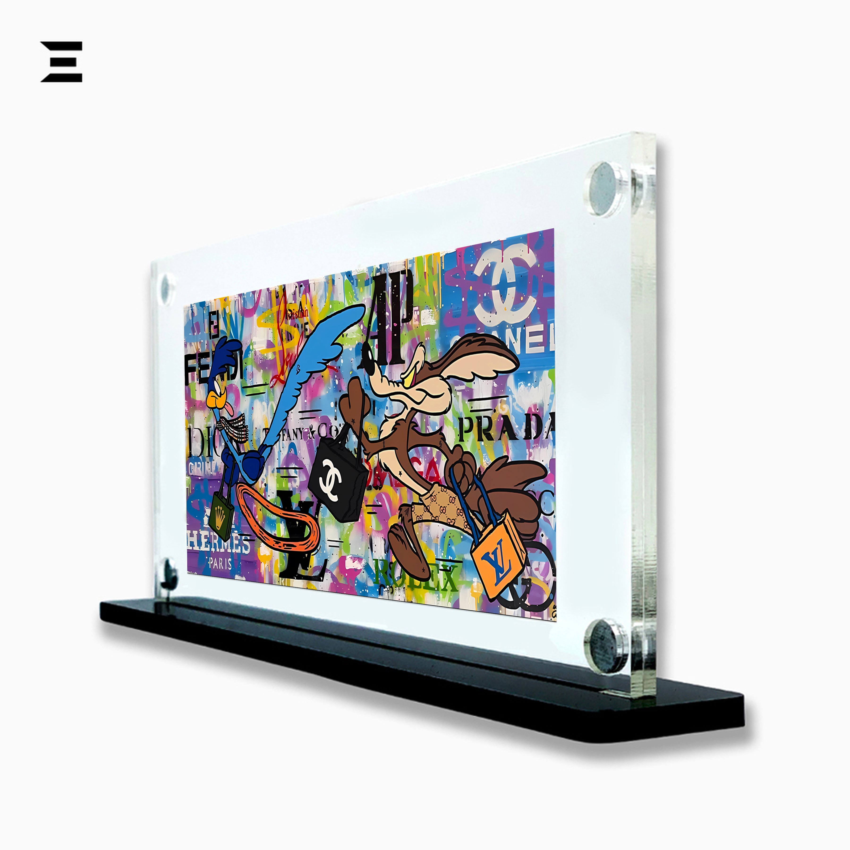 Premium Magnetic Acrylic Frame with Black Base – Road Runner & Wile E. Coyote Luxury Pop Art IBRELIA