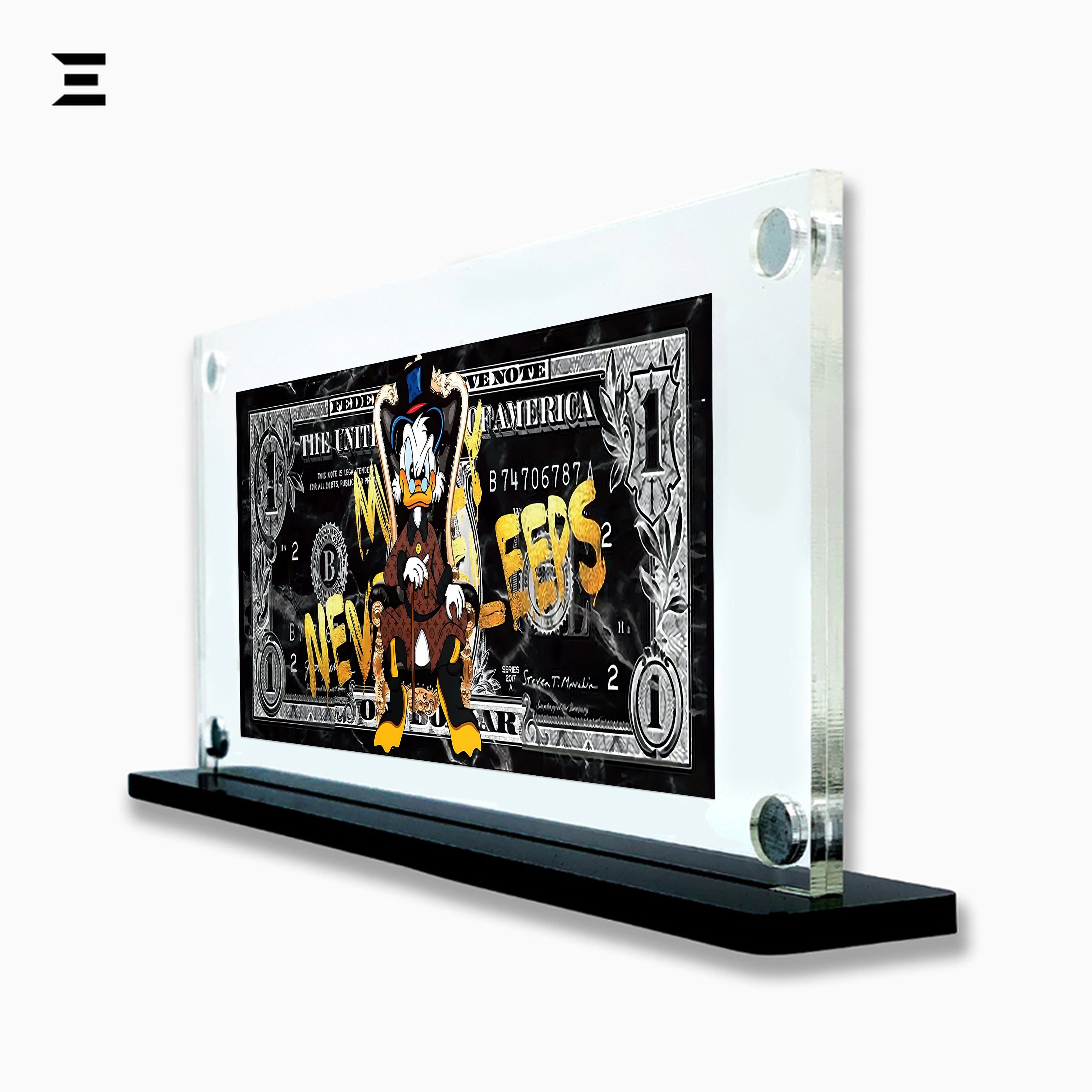 Premium Magnetic Acrylic Frame with Black Base – Scrooge McDuck "Money Never Sleeps" Pop Art IBRELIA