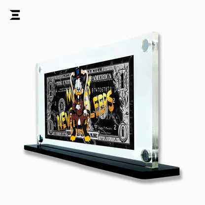 Premium Magnetic Acrylic Frame with Black Base – Scrooge McDuck "Money Never Sleeps" Pop Art IBRELIA