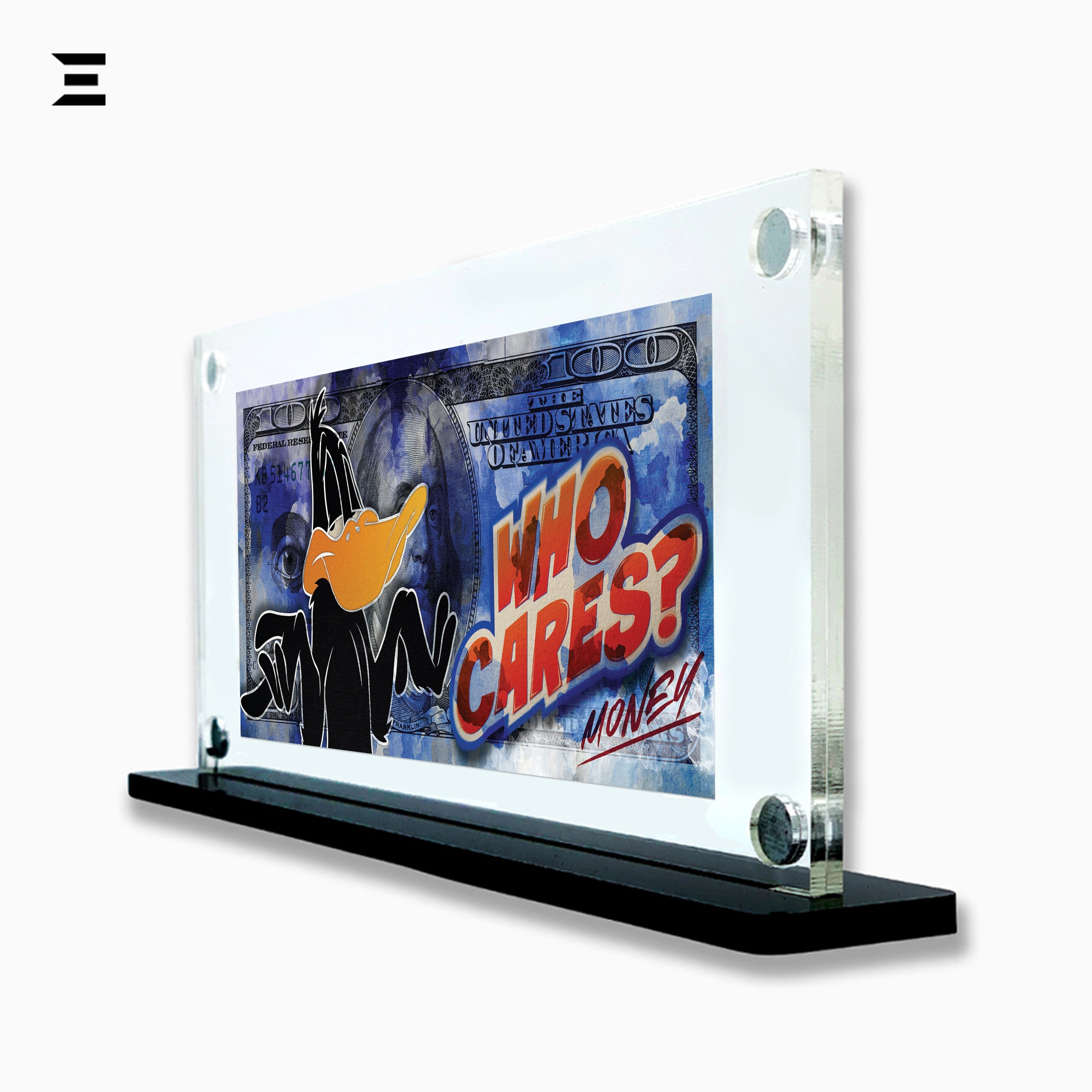 Premium Magnetic Acrylic Frame with Black Base – Daffy Duck “Who Cares? Money” Pop Art IBRELIA