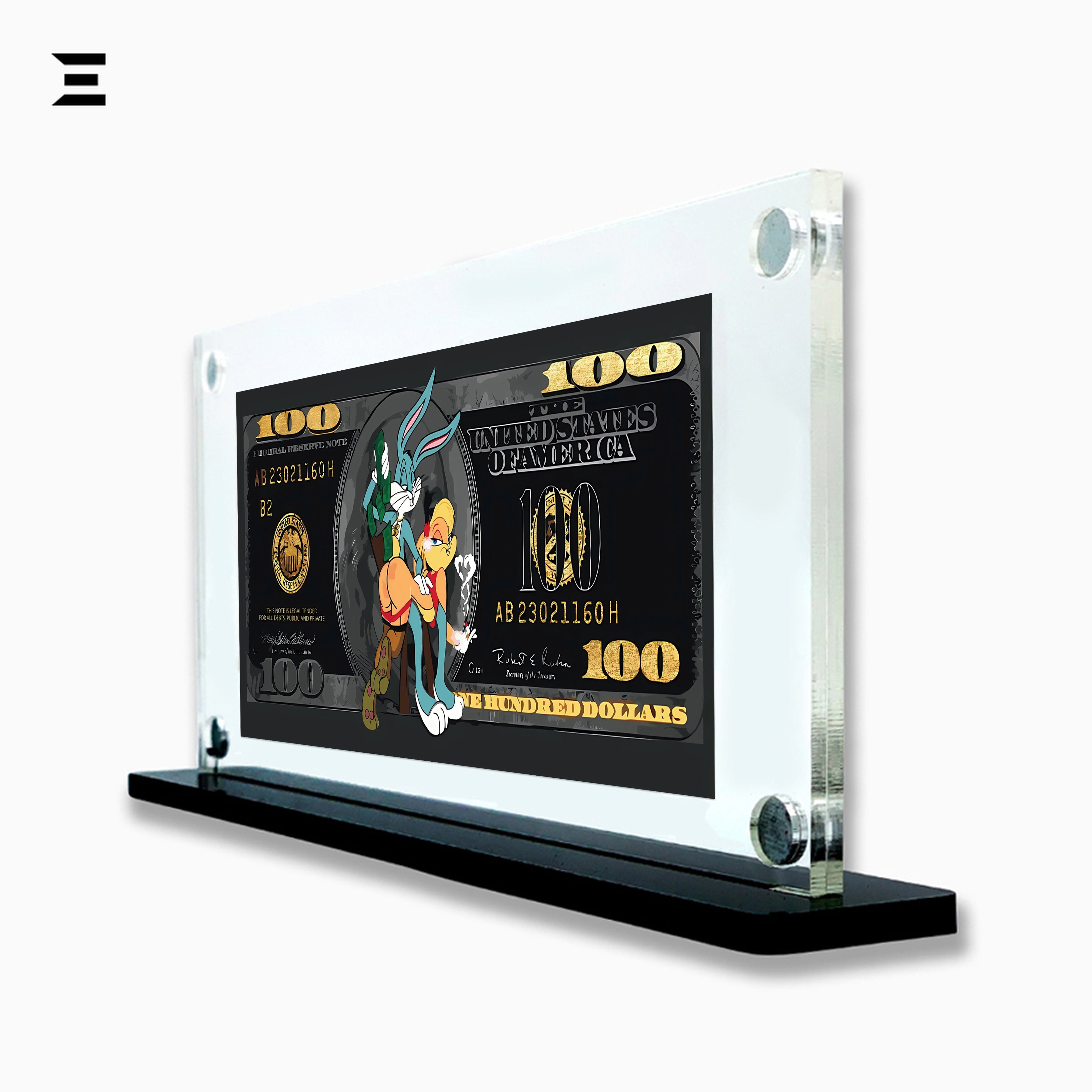 Premium Magnetic Acrylic Frame with Black Base – Bugs Bunny & Lola Bunny $100 Pop Art IBRELIA