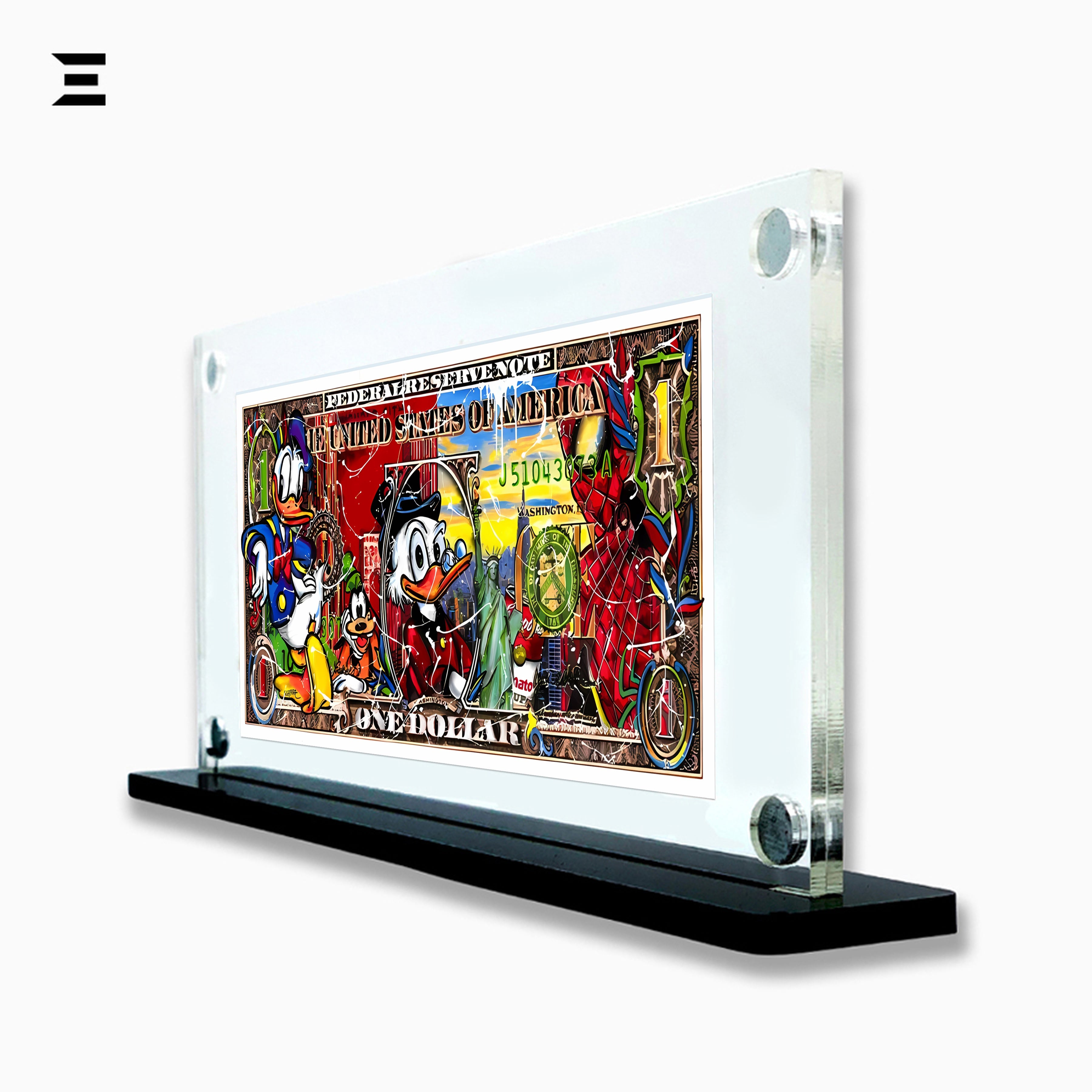 Premium Magnetic Acrylic Frame with Black Base – Donald Duck, Scrooge McDuck & Spider-Man Pop Art Dollar IBRELIA
