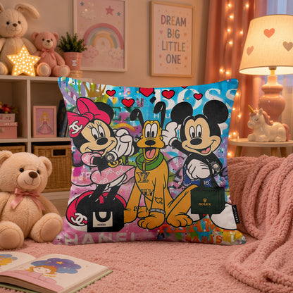 Mickey Minnie & Pluto Luxury Pop Art Cushion | Premium Velvet Suede | Double-Sided Print