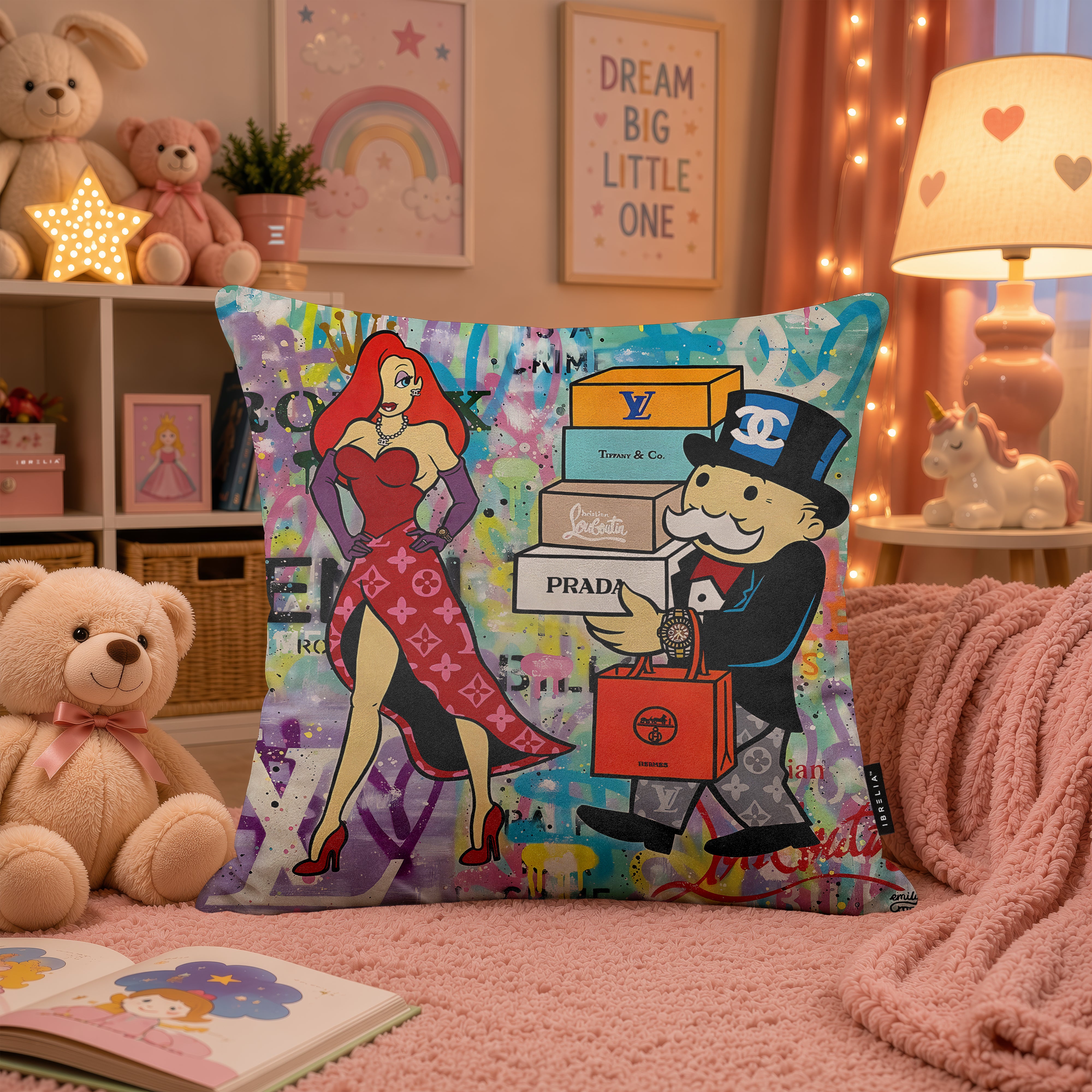 Luxury Shopping Cartoon Pop Art Cushion | Premium Velvet Suede | Double-Sided Print