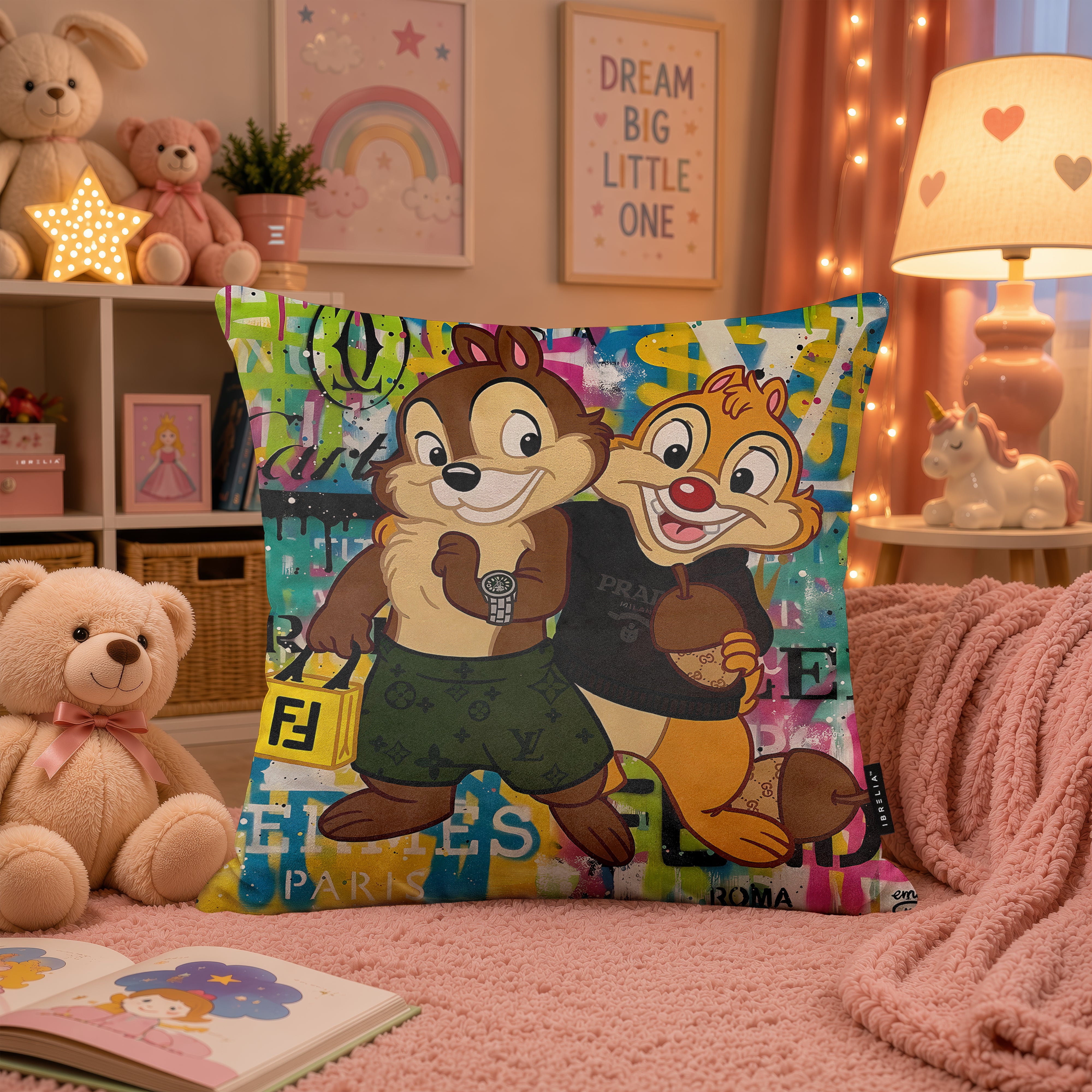 Chip ’n’ Dale Luxury Shopping Pop Art Cushion | Premium Velvet Suede | Double-Sided Print