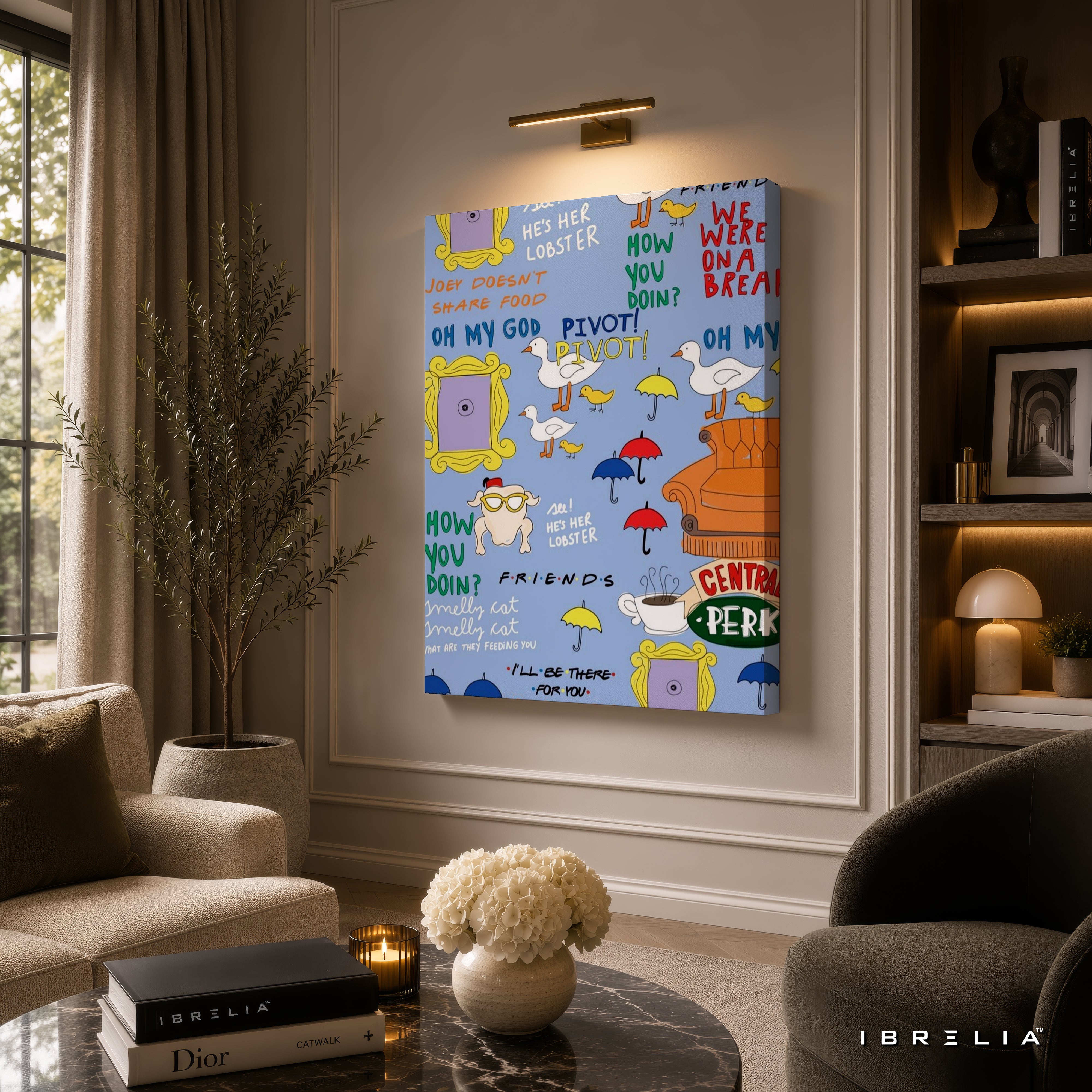 Friends TV Show Icons Canvas Wall Art – Friends Quotes & Symbols Pattern Canvas Print | Sitcom Aesthetic Wall Decor | IBRELIA™