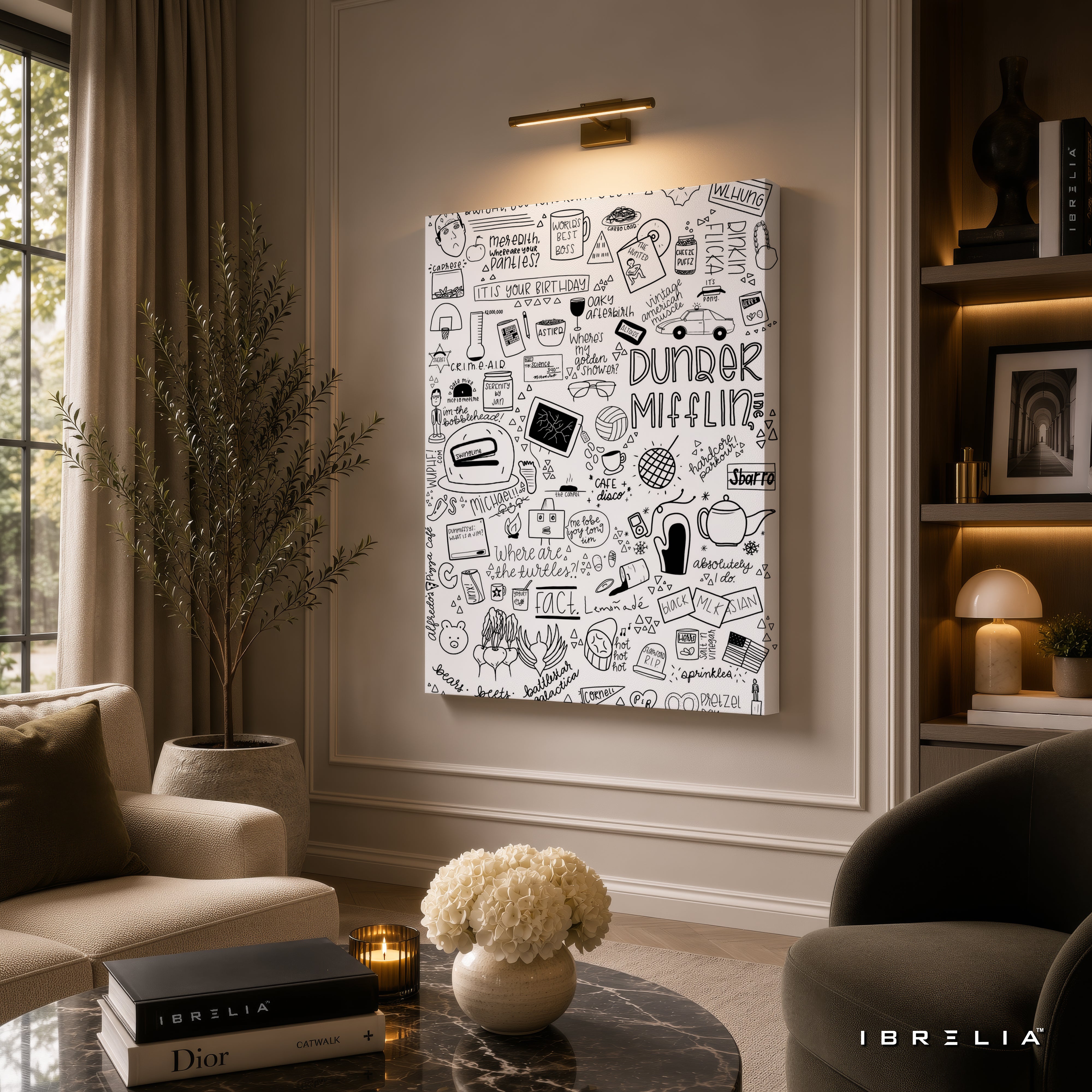 The Office Dunder Mifflin Doodle Premium Wall Art – Iconic Sitcom Illustration 4K Wrapped MDF Frame | IBRELIA™