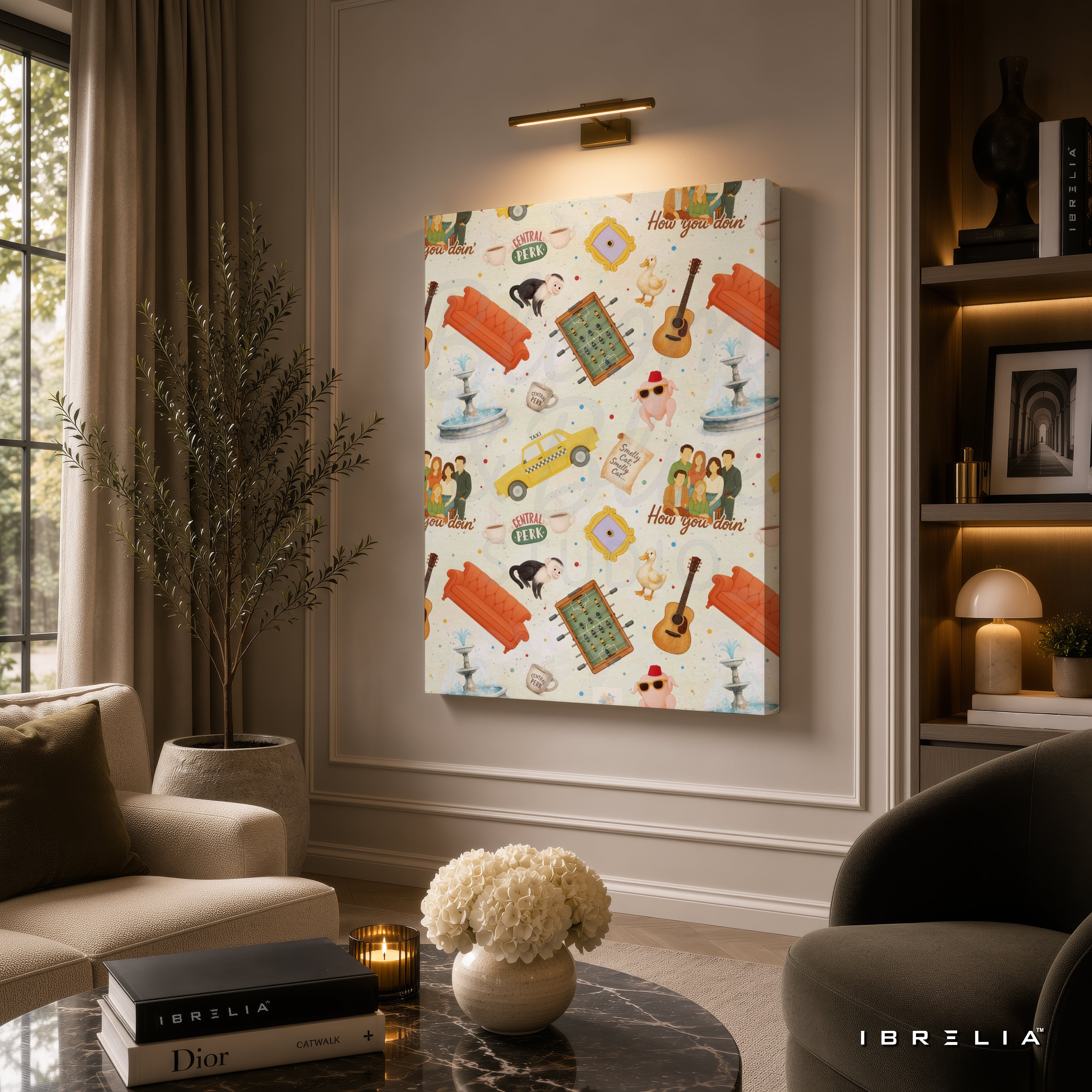Friends Icons Pattern Canvas Wall Art – Friends TV Show Collage Canvas Print | Central Perk Minimalist Wall Decor | IBRELIA™