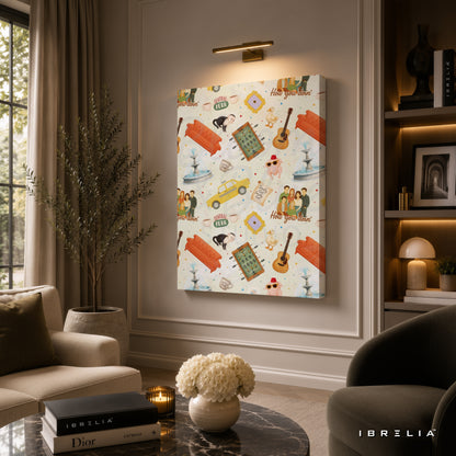 Friends Icons Pattern Canvas Wall Art – Friends TV Show Collage Canvas Print | Central Perk Minimalist Wall Decor | IBRELIA™