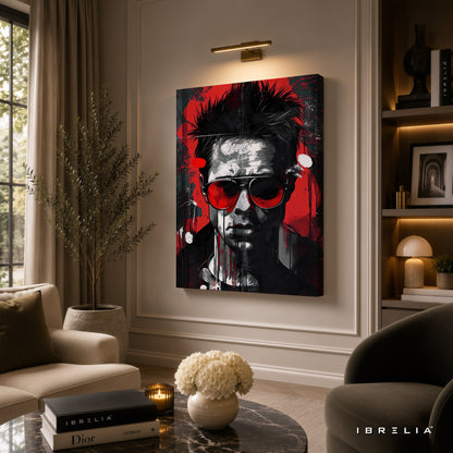 Tyler Durden Abstract Portrait Premium Canvas Wall Art – Fight Club Inspired Modern Movie Artwork | Red & Black Pop Art Decor | IBRELIA™