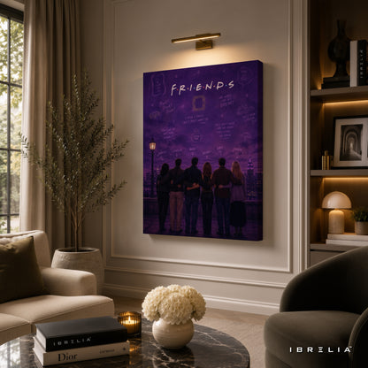Friends TV Show Premium Canvas Wall Art – Iconic Friends Reunion Purple Skyline Artwork | Sitcom Canvas Decor | IBRELIA™