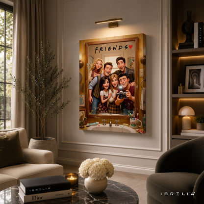 Friends TV Show Cartoon Canvas Wall Art – Cute Friends Mirror Selfie Artwork | Animated Sitcom Canvas Decor | IBRELIA™