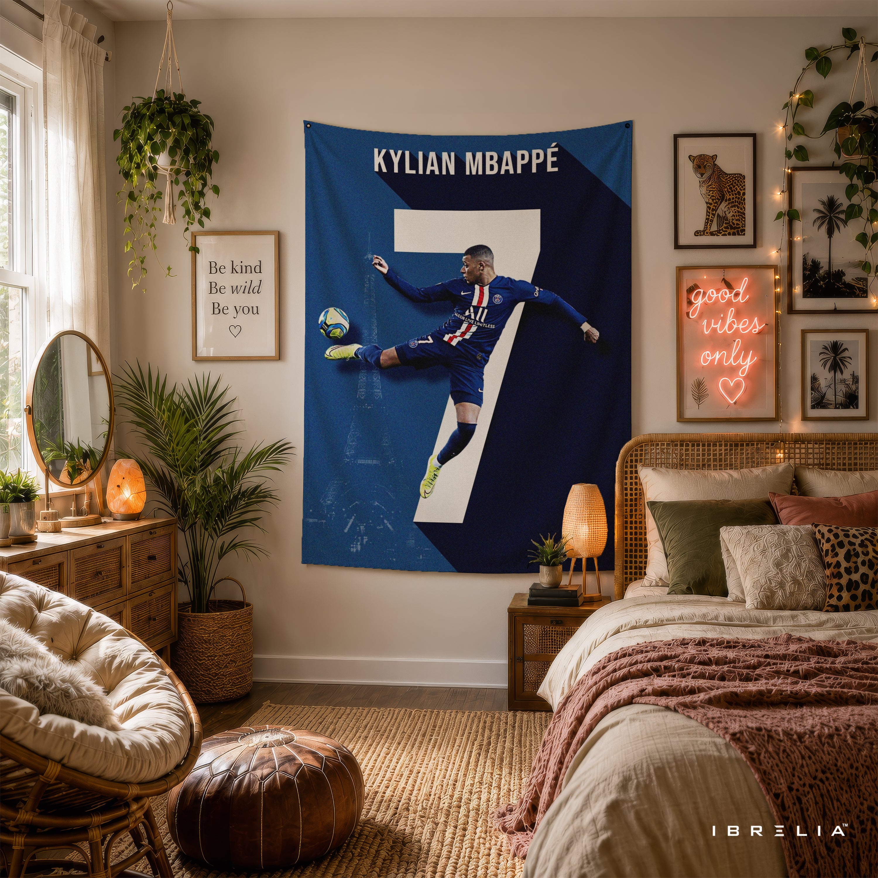 Kylian Mbappé Number 7 PSG Wall Tapestry | Premium Heavyweight Jute Fabric Wall Hanging
