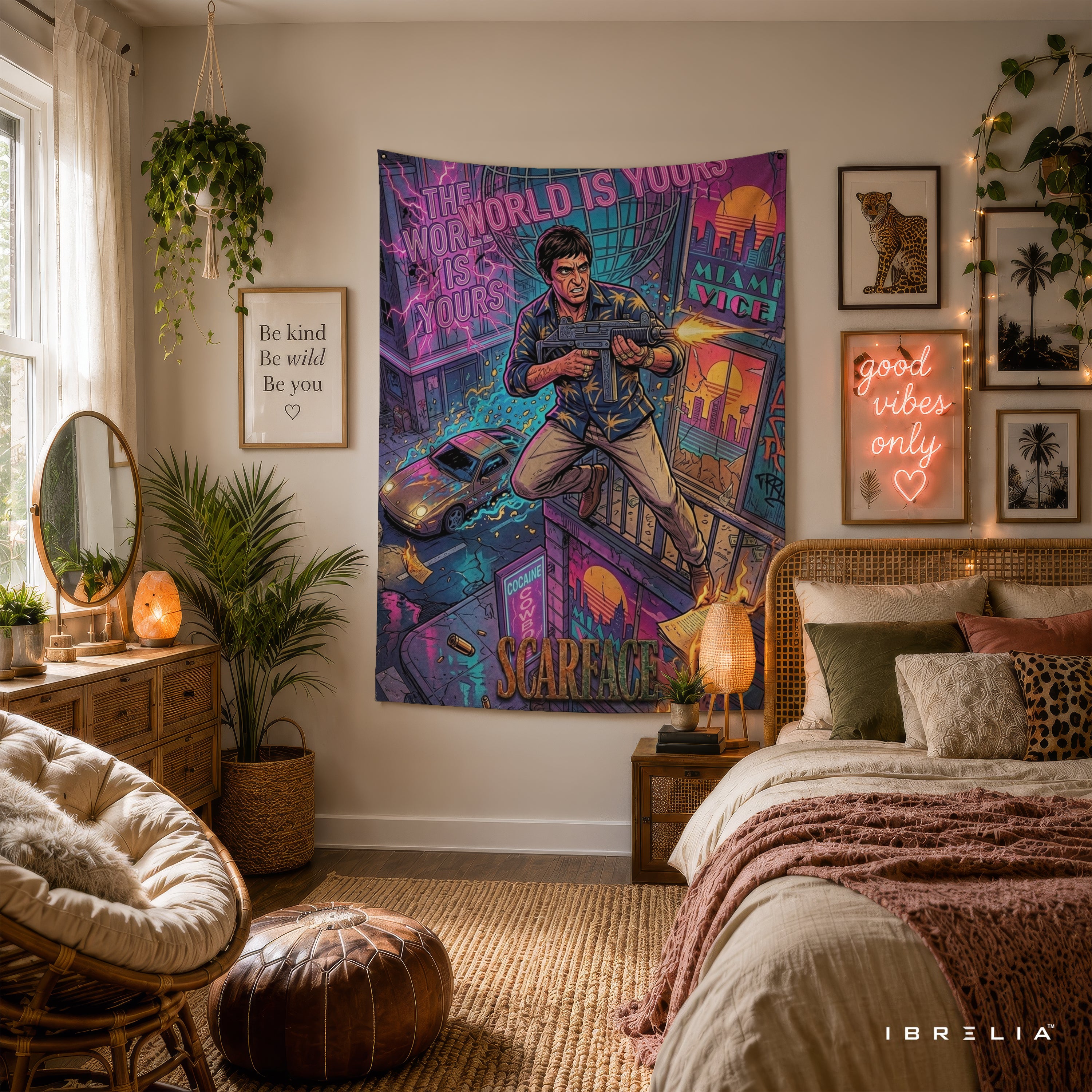 Scarface Tony Montana Neon Action Wall Tapestry – Premium Movie Wall Hanging & Home Decor in Pakistan