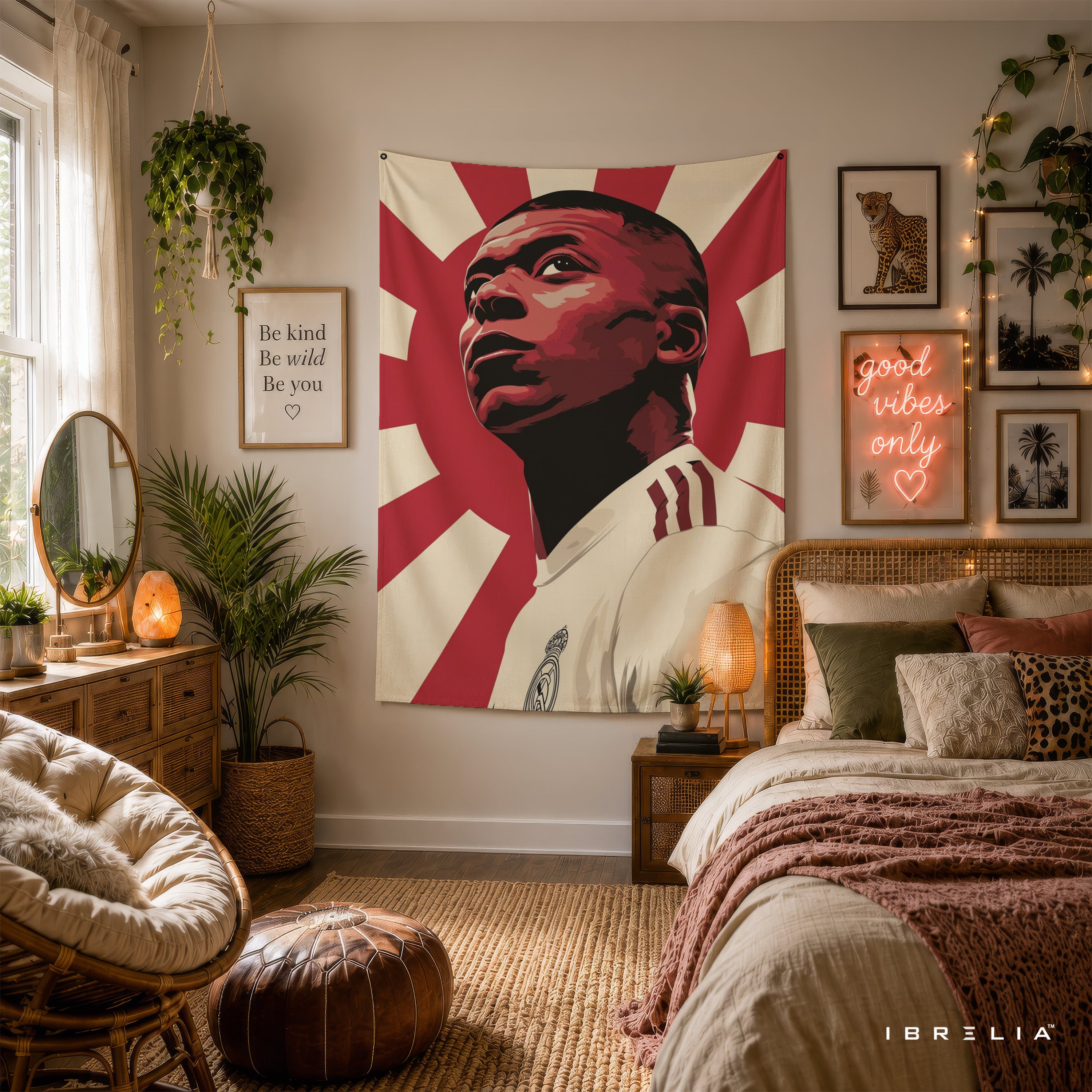 Kylian Mbappé Rising Sun Wall Tapestry | Premium Heavyweight Jute Fabric Wall Hanging