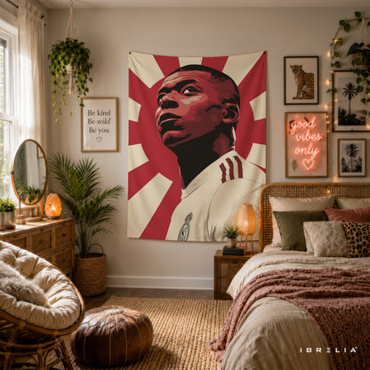 Kylian Mbappé Rising Sun Wall Tapestry | Premium Heavyweight Jute Fabric Wall Hanging