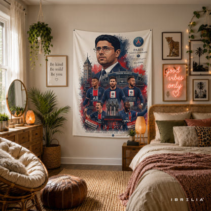 Nasser Al-Khelaifi Paris Saint-Germain Legend Wall Tapestry | Premium Heavyweight Jute Fabric Wall Hanging