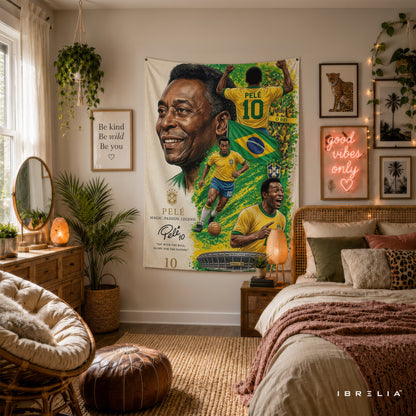 Pelé Brazil Legend Wall Tapestry | Premium Heavyweight Jute Fabric Wall Hanging