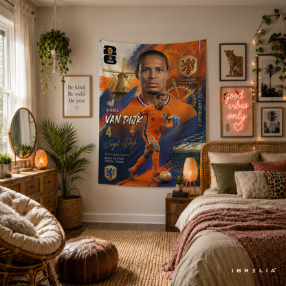 Virgil van Dijk Netherlands Champion Edition Wall Tapestry | Premium Heavyweight Jute Fabric Wall Hanging