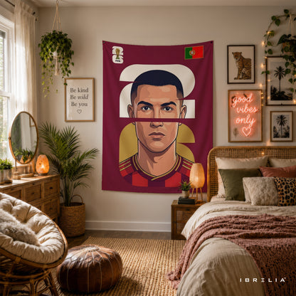 Cristiano Ronaldo Portugal Minimal Portrait Wall Tapestry | Premium Heavyweight Jute Fabric Wall Hanging