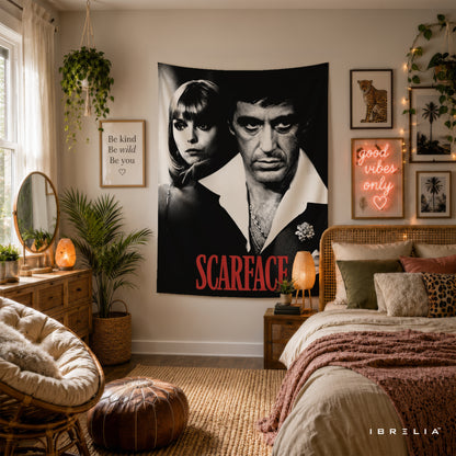 Scarface Tony Montana & Elvira Wall Tapestry – Premium Movie Wall Hanging & Home Decor in Pakistan