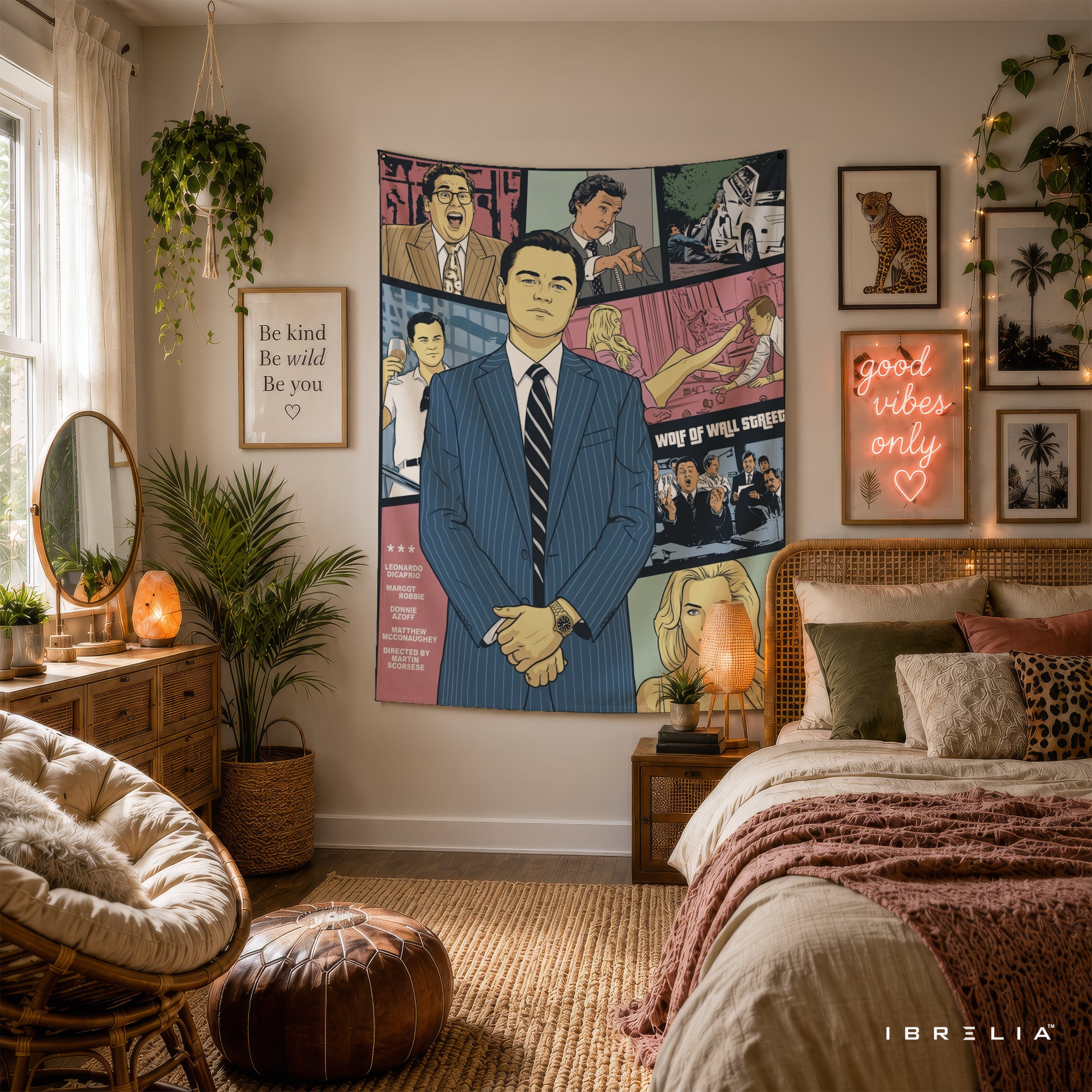 The Wolf of Wall Street Comic Style Wall Tapestry – Premium Movie Inspired Wall Hanging for Home, Office & Gaming Room