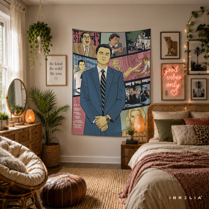 The Wolf of Wall Street Comic Style Wall Tapestry – Premium Movie Inspired Wall Hanging for Home, Office & Gaming Room