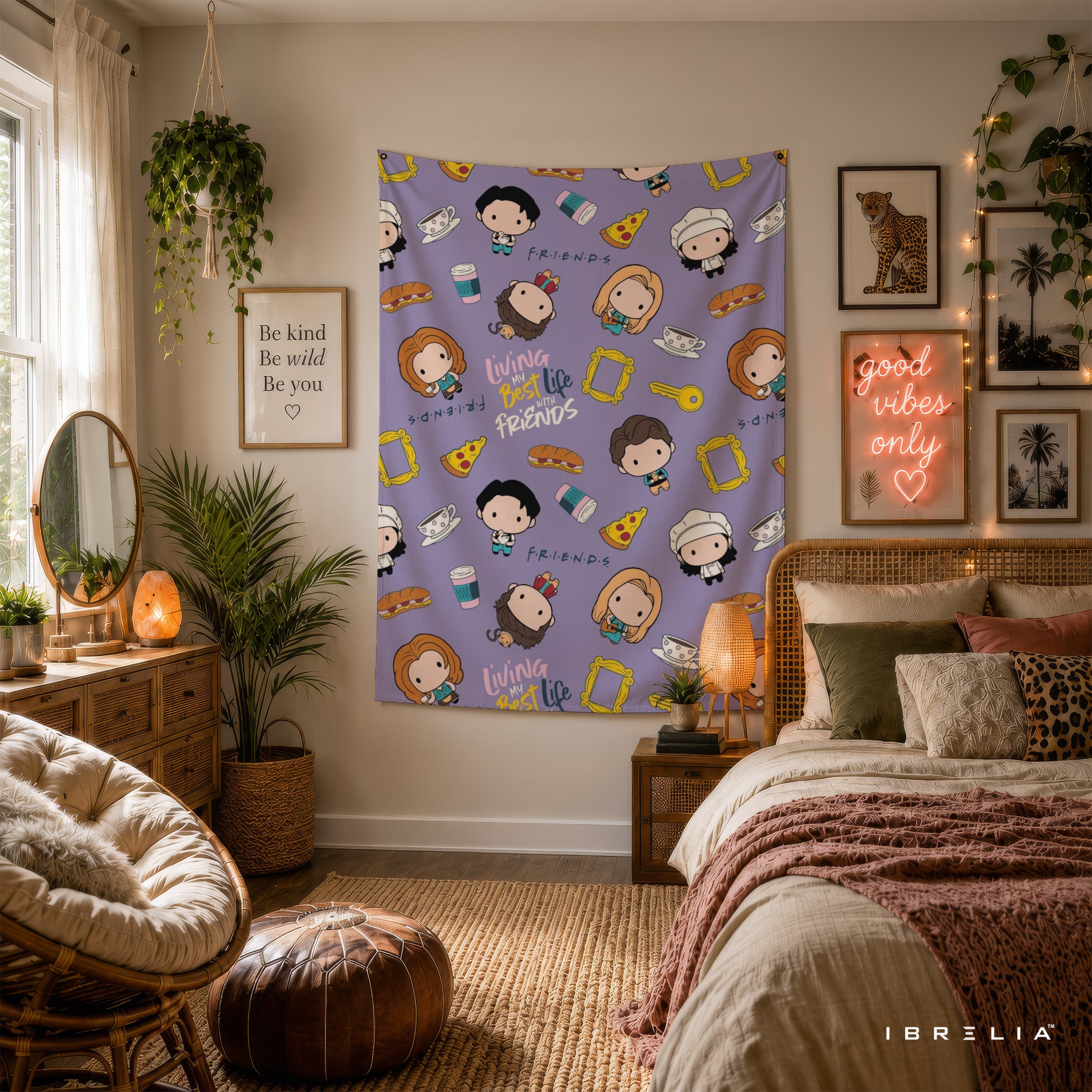 Friends Cute Cartoon Characters Wall Tapestry – Kawaii Sitcom Pattern Wall Hanging