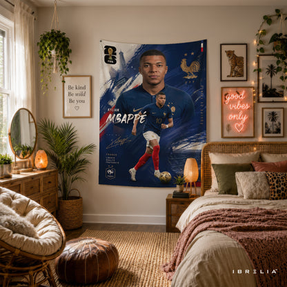 Kylian Mbappé France Champion Edition Wall Tapestry | Premium Heavyweight Jute Fabric Wall Hanging