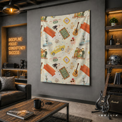 Friends Icons Pattern Wall Tapestry – Central Perk Sitcom Room Decor