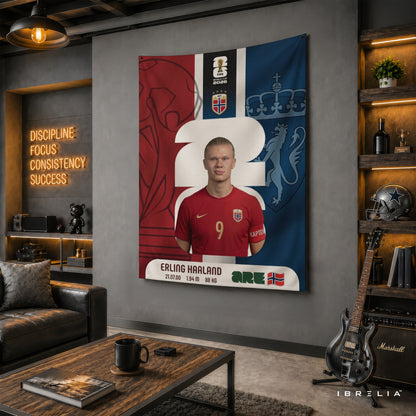 Erling Haaland Norway World Cup 2026 Wall Tapestry | Premium Heavyweight Jute Fabric Wall Hanging