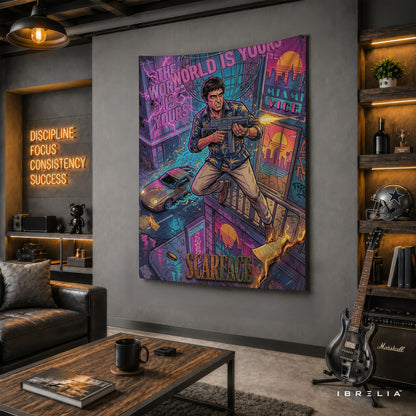 Scarface Tony Montana Neon Action Wall Tapestry – Premium Movie Wall Hanging & Home Decor in Pakistan