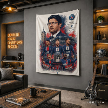 Nasser Al-Khelaifi Paris Saint-Germain Legend Wall Tapestry | Premium Heavyweight Jute Fabric Wall Hanging