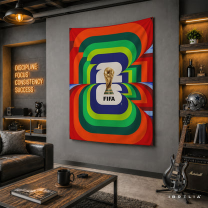FIFA World Cup 2026 Vibrant Emblem Wall Tapestry | Premium Heavyweight Jute Fabric Wall Hanging