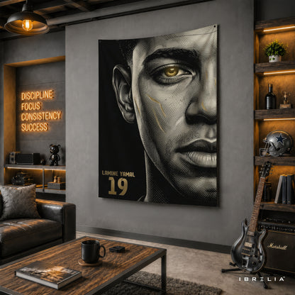 Lamine Yamal Minimalist Portrait Wall Tapestry | Premium Heavyweight Jute Fabric Wall Hanging