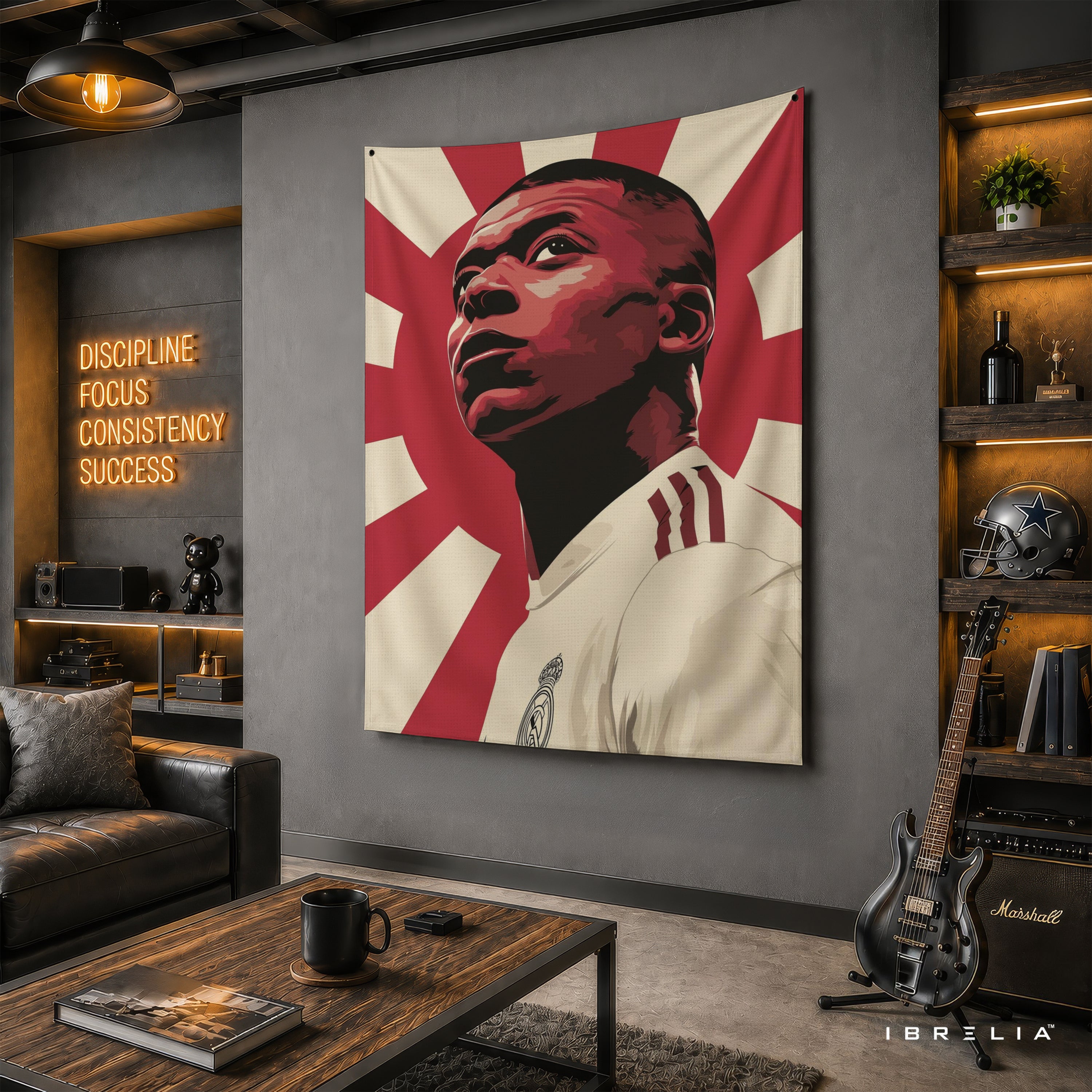 Kylian Mbappé Rising Sun Wall Tapestry | Premium Heavyweight Jute Fabric Wall Hanging