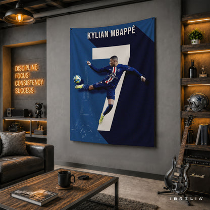 Kylian Mbappé Number 7 PSG Wall Tapestry | Premium Heavyweight Jute Fabric Wall Hanging