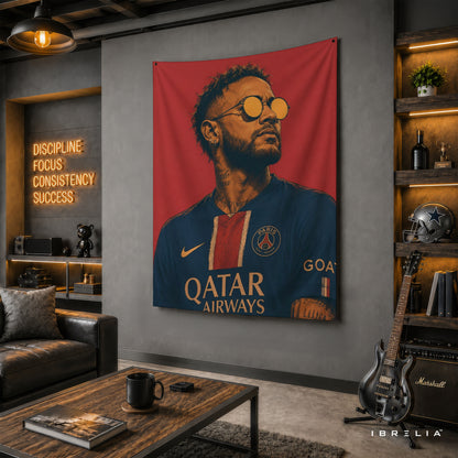 Neymar PSG Retro Portrait Wall Tapestry | Premium Heavyweight Jute Fabric Wall Hanging
