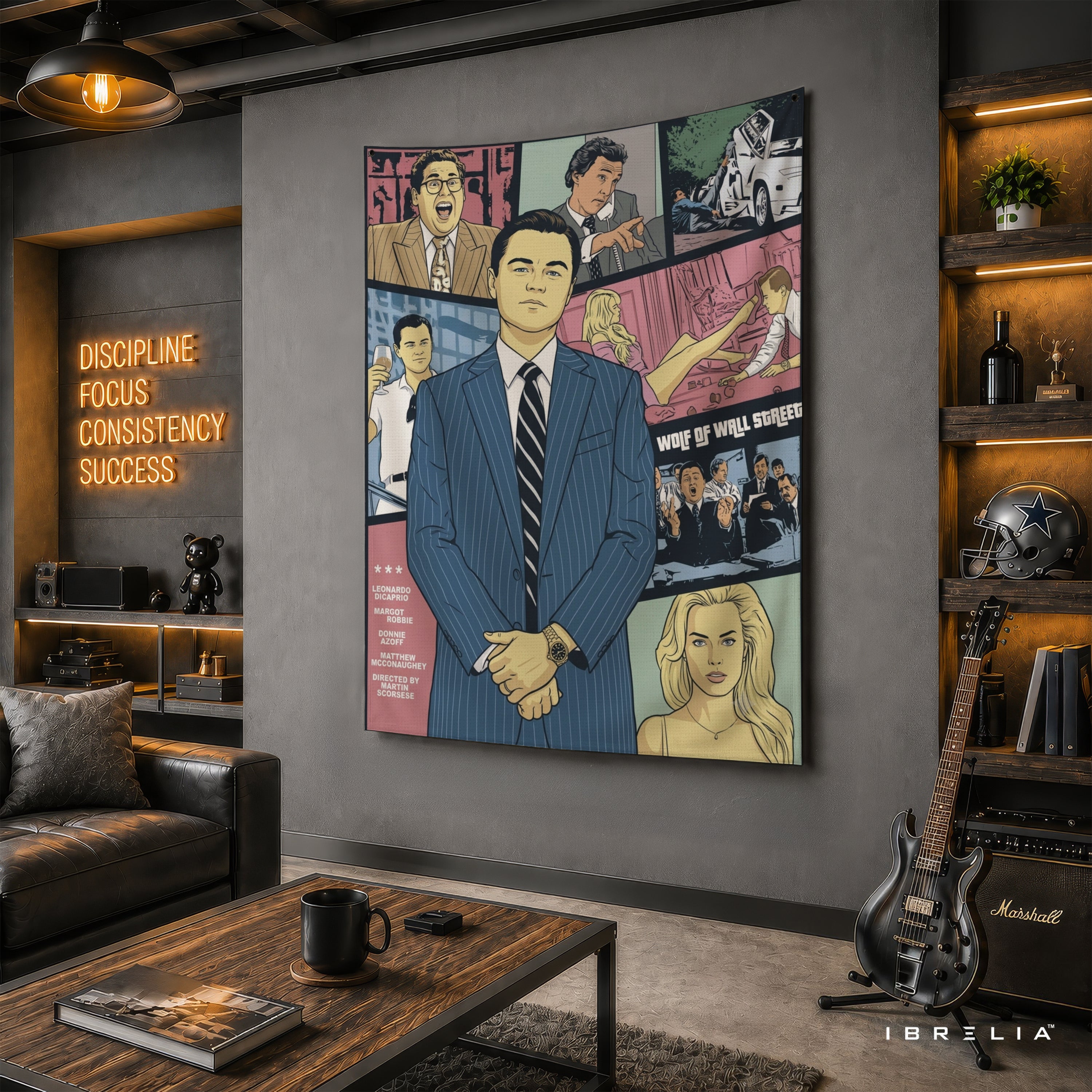 The Wolf of Wall Street Comic Style Wall Tapestry – Premium Movie Inspired Wall Hanging for Home, Office & Gaming Room
