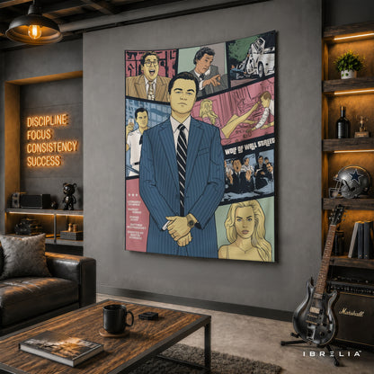 The Wolf of Wall Street Comic Style Wall Tapestry – Premium Movie Inspired Wall Hanging for Home, Office & Gaming Room